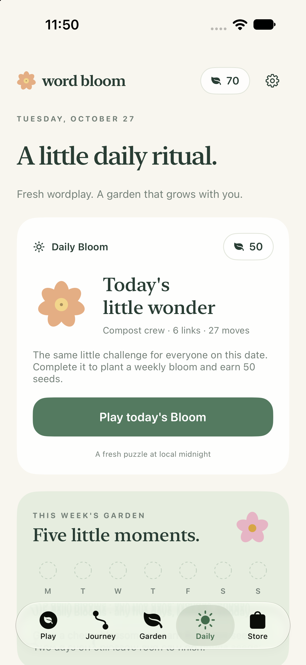 Daily Bloom screen showing today's puzzle, the weekly garden, and a weekend word walk.