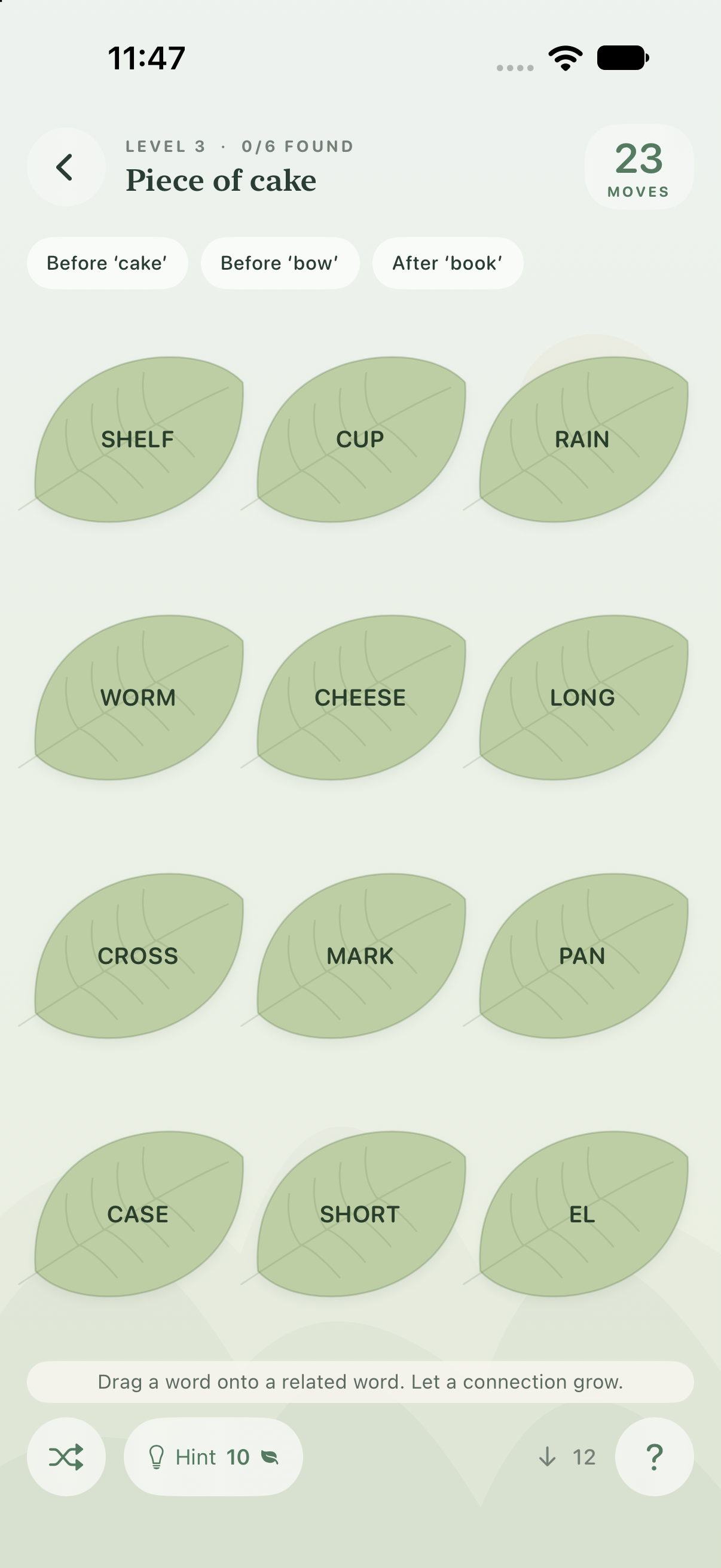 A Word Bloom puzzle with sage word leaves, connection clues, and a move counter.