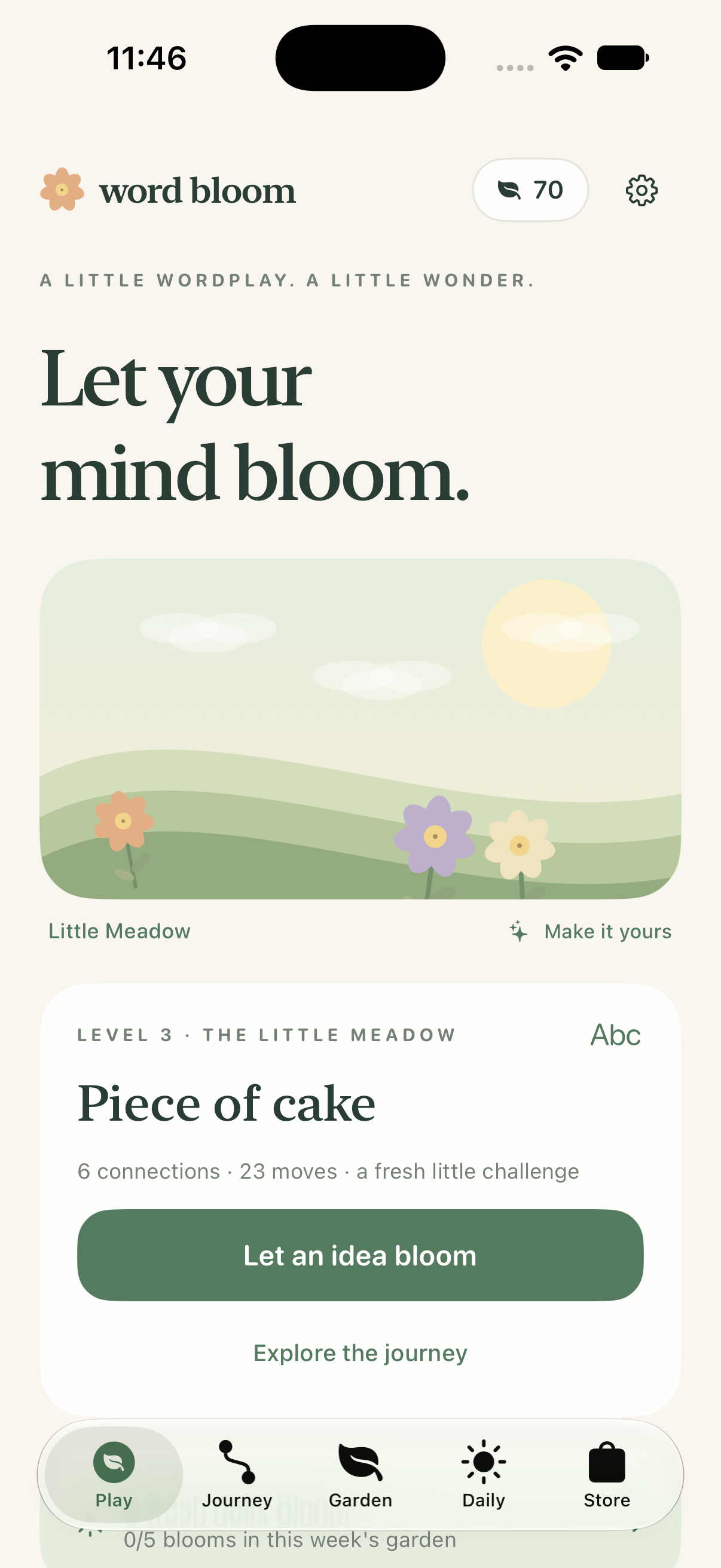 Word Bloom home screen with a garden, daily challenges, and a journey of word puzzles.